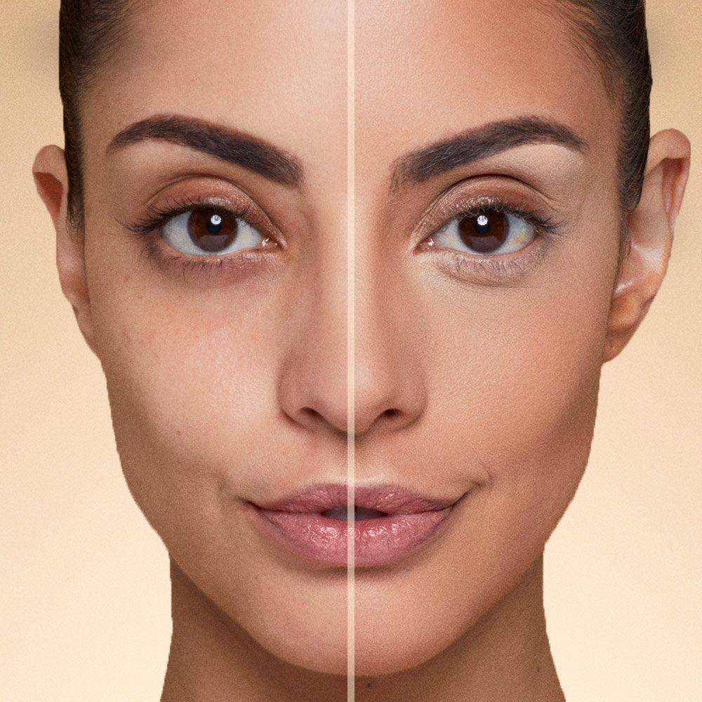 Rosto de mulher antes e depois de utilizar o corretor da maybelline